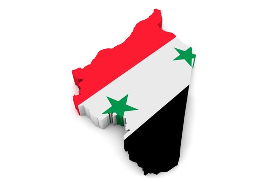 3D Karte von Syrien mit Flagge vor weißem Hintergrund