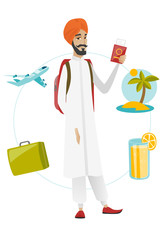 Young man traveler holding passport with ticket.