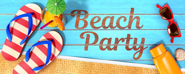 Summer panorama with beach accessories on blue planks - Beach Party