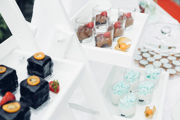 Candy bar on nature. Delicious cakes