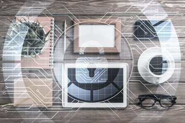 Business workplace with tablet pc and security concept on screen