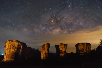Milky way over the canyon at Lalu rock formations park, Sakaeo, Thailand