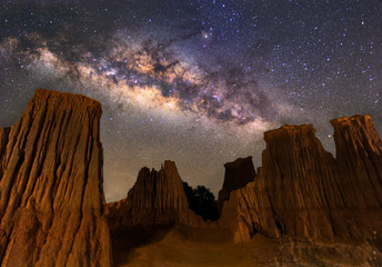Milky way over the canyon at Lalu rock formations park, Sakaeo, Thailand