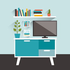 Living room interior. Tv and book shelves. Flat design vector illustration.