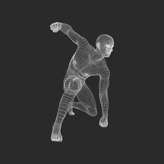 Athlete at Starting Position Ready to Start a Race. Runner Ready for Sports Exercise. Human Body Wire Model. Sport Symbol. 3d Vector Illustration.