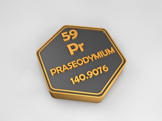 praseodymium - Pr - chemical element periodic table hexagonal shape 3d render