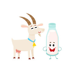 Funny farm goat and milk bottle characters with smiling human faces, cartoon vector illustration isolated on white background. Cute and funny goat and milk bottle characters, standing and smiling