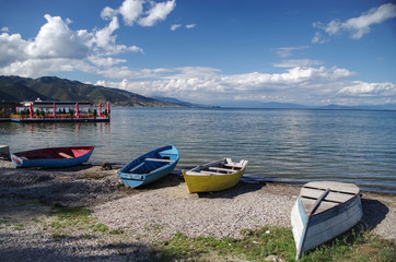 Fototapeta na wymiar One of the deepest and oldest lakes of Europe. Nature and travel. Albania, lake Ohrid - UNESCO World Heritage site.