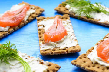 Healthy lunch, of crispbread with salmon and cream cheese