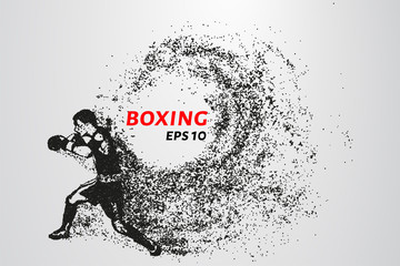 Boxer of the particles. The boxer is made of little circles. The boxer in the pose of attack. Vector illustration