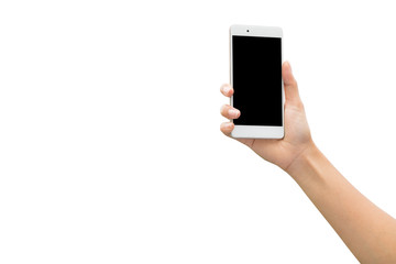 Female right hand holding and touching on mobile smartphone show back side. He is searching something. isolated on white background