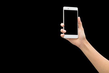 Female right hand holding and touching on mobile smartphone show back side. He is searching something. isolated on black background