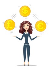 Abstract Businesswoman holding gold coins with different currency symbols. Women in business. foreign exchange concept For use in presentations. Stock flat vector illustration