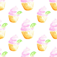 Seamless pattern with hand drawn watercolor cupcakes