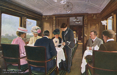 Dining saloon on a London to Liverpool express train. Date: circa 1912