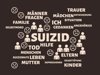 SUIZID - LEBEN - Bilder mit W&ouml;rtern aus dem Bereich Suizid, Wortwolke, W&uuml;rfel, Buchstabe, Bild, Illustration
