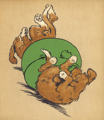 Twin puppies falling off footstool. Date: 1910