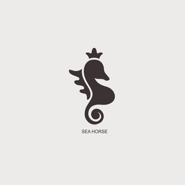 Stylized graphic Seahorse. Silhouette illustration of sea life. Sketch for tattoo on isolated white background. Vector flat logo icon