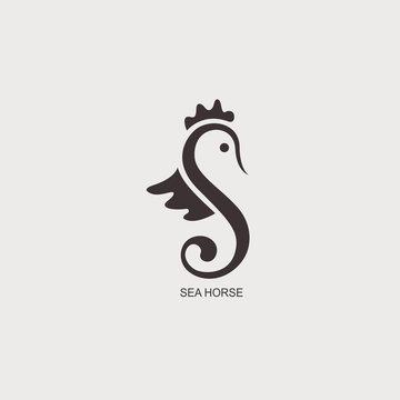 Stylized graphic Seahorse. Silhouette illustration of sea life. Sketch for tattoo on isolated white background. Vector flat logo icon