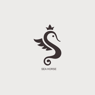 Stylized graphic Seahorse. Silhouette illustration of sea life. Sketch for tattoo on isolated white background. Vector flat logo icon