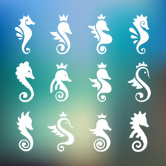Stylized graphic Seahorse. Silhouette illustration of sea life. Sketch for tattoo on isolated white background. Vector flat Set of icons, logo collection