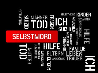 SELBSTMORD - Bilder mit Wörtern aus dem Bereich Suizid, Wortwolke, Würfel, Buchstabe, Bild, Illustration