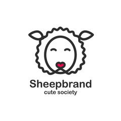 Black color logo design template with animal head. Cute sheep snout for sign pet shop. Symbol in a linear style with the silhouette of the lamb. Heart nose. Vector.