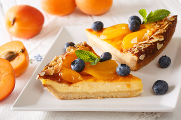 Cheesecake with apricots, blueberries, mint and nuts close-up. horizontal