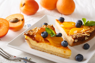 Beautiful apricot cheesecake with blueberries, mint and nuts close-up. horizontal