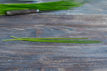 Food background 0 rustic table and bunch onion - chive. Copy space. Selective focus.