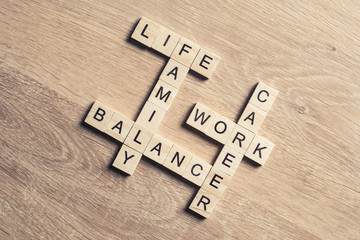 Words work life balance and family on table collected with woode