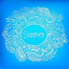 Summer. Round shape doodle frame made of abstract freehand ornament on a bright blue background.