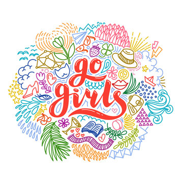 Go girls handrawn lettering with colorful flowers. Girl power. Feminism. Isolated on white background. Quote design. Drawing for prints on t-shirts and bags, stationary or poster. © mspoint