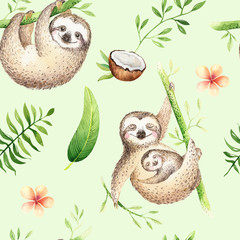 Baby animals sloth nursery isolated seamless pattern painting. Watercolor boho tropical drawing, child tropical drawing cute palm tree leaves, tropic green texture, exotic flower. Aloha baby shower