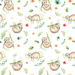 Fototapety  Baby animals sloth nursery isolated seamless pattern painting. Watercolor boho tropical drawing, child tropical drawing cute palm tree leaves, tropic green texture, exotic flower. Aloha baby shower