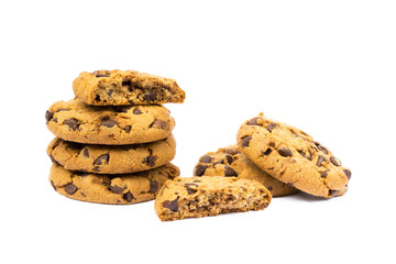Cookies with chocolate pieces isolated on white background