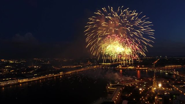Spectacular colorful firework over Saint-Petersburg, Russia. Aerial drone footage