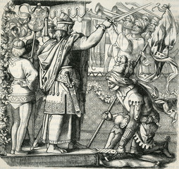 The Sire of  Longueval knighting Roland. Date: 8th Century