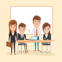 Business Man and Business woman team work background in office room. Illustration vector of cartoon design.