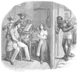 Fototapeta na wymiar Slave listening to the music of a white man. Date: 1853