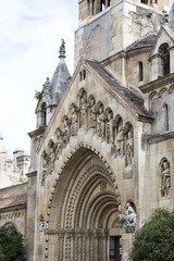 Fototapeta premium Elements of the castle architecture and the church of the eclectic Vajdahunyad in Budaplast in Hungary