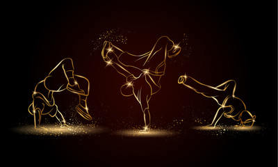 Golden linear b-boys dancers set on dark background. Hip hop dance background for poster and flyer.