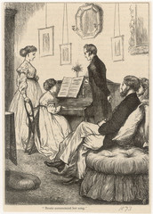 A family at home  gathered round the piano. Date: 1873