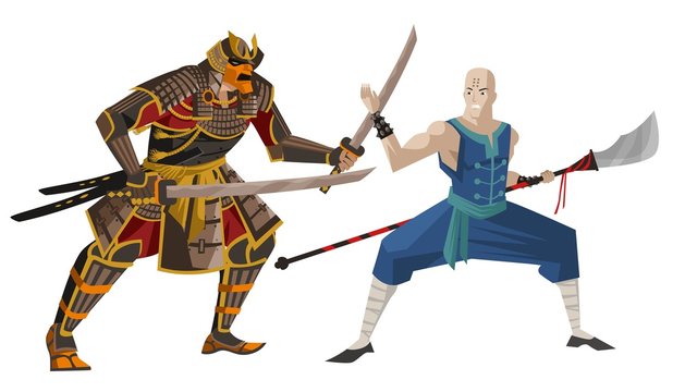 samurai warrior fighting a shaolin monk with naginata blade