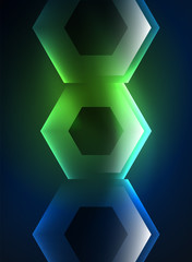 Techno glowing glass hexagons vector background