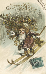 Obraz premium Father Christmas on skis . Date: 1909