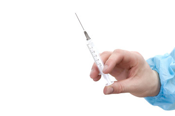 Hand of a doctor with a syringe isolated on white background.