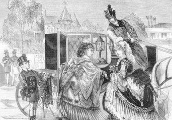 Two aristocratic ladies getting into a brougham. Date: 1871