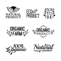 Monochrome logotype set. Badges, labels , with plants, herb and leaves elements, wreaths and laurels green branches. Design template for for natural products. Farms, organic and bio sign. Vector