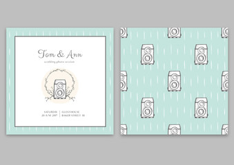 Vector template of wedding photo session certificate. Blue pattern with cameras